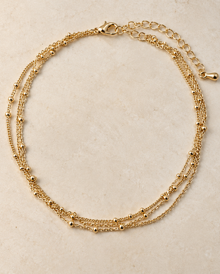 Gold Layered Bead Station Triple Chain Anklet