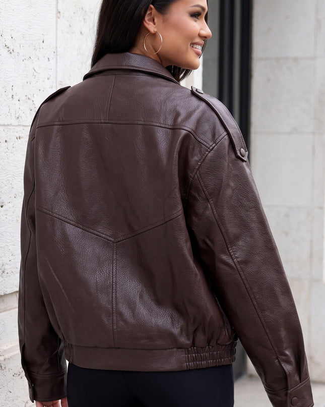 Brown Faux Leather Moto Bomber Jacket