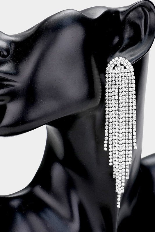 Silver Rhinestone Fringe Drop Earrings