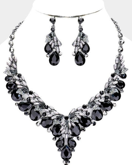 Crystal Black Teardrop Glass Vine Collar Necklace & Earrings Set