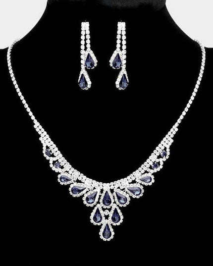 Sparkle Away Blue Midnight Rhinestone Trim Teardrop Stone Accented Necklace & Earrings Set