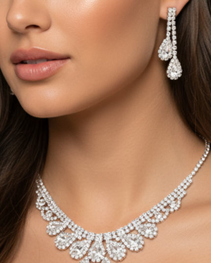 Sparkle Away Rose Gold Rhinestone Trim Teardrop Stone Accented Necklace & Earrings Set
