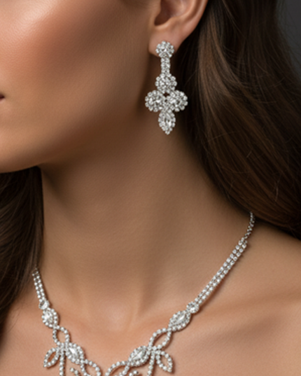 Flower & Leaf Silver Cubic Zirconia Necklace & Earrings Set