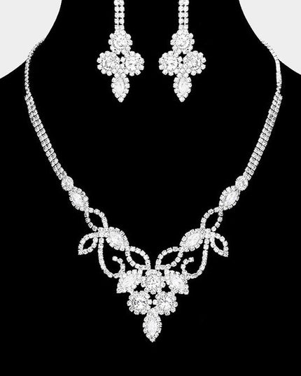 Flower & Leaf Silver Cubic Zirconia Necklace & Earrings Set