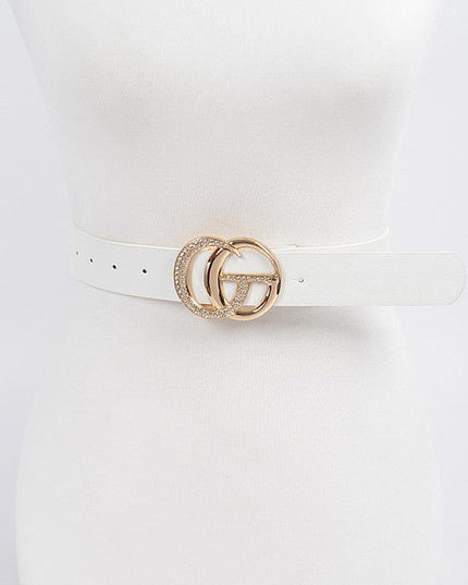 White Rhinestone Double G Buckle Faux Leather Belt
