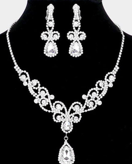 Silver Teardrop Crystal Rhinestone Vine Drop Collar Necklace & Clip on Earrings Set