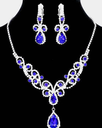 Blue Teardrop Crystal Rhinestone Vine Drop Collar Necklace & Clip on Earrings Set