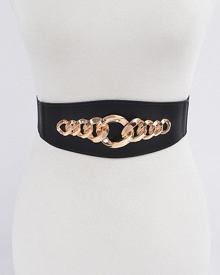Faux Leather Wide Black Gold Chain Waist Belt