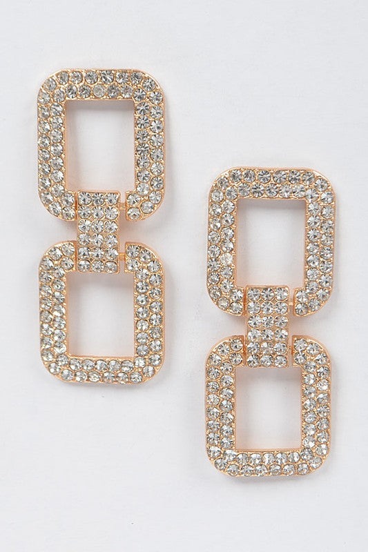 Gold Rhinestone Double Square Earrings