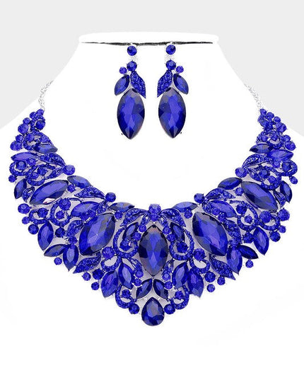 Blue Sapphire Leaf Marquise Stone Necklace & Earrings Set