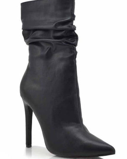 Black Faux Leather Ruched High Heel Booties