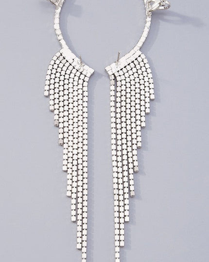 Rhinestone Silver Long Fringe Climber Earrings