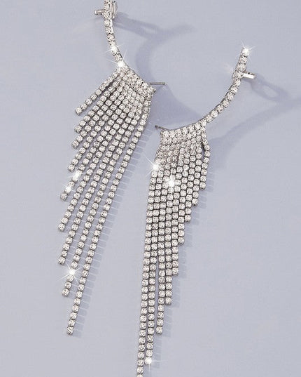 Rhinestone Silver Long Fringe Climber Earrings