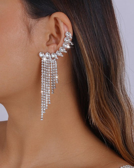 Shiny Silver Rhinestone Long Fringe Drop Earrings