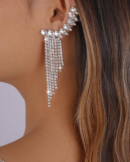 Shiny Silver Rhinestone Long Fringe Drop Earrings