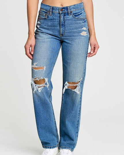 Blue Distressed Relaxed Staright Leg Denim Jeans