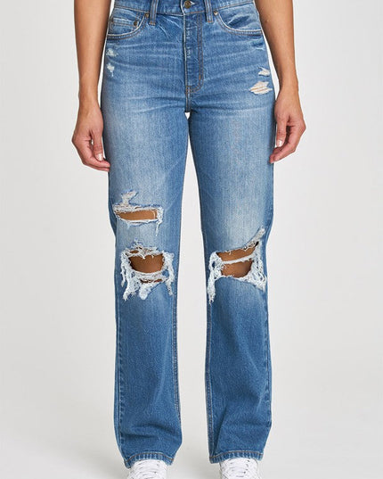 Blue Distressed Relaxed Staright Leg Denim Jeans