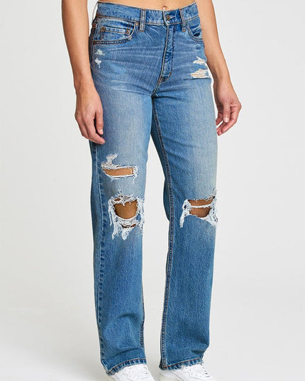Blue Distressed Relaxed Staright Leg Denim Jeans