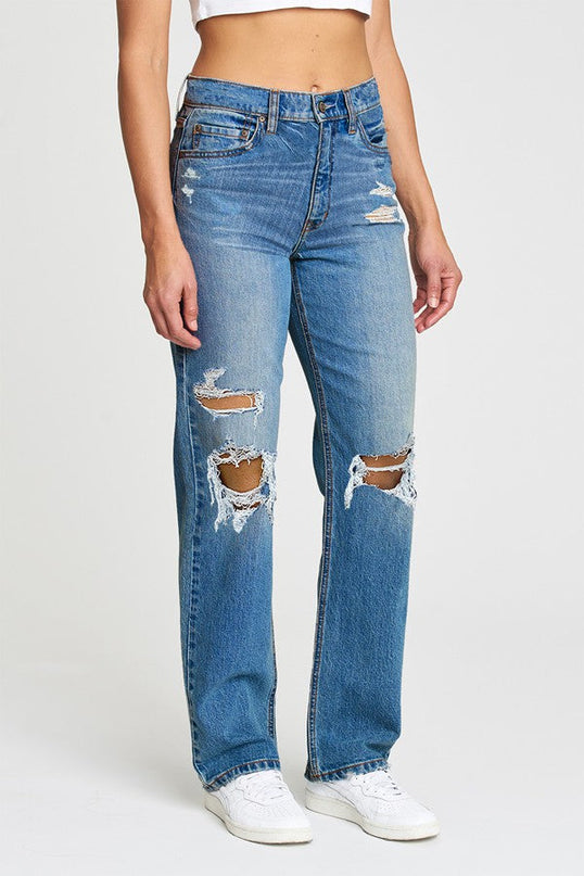 Blue Distressed Relaxed Staright Leg Denim Jeans