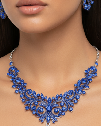 Blue Sapphire Rhinestone Embellished Teardrop Necklace & Earrings Set