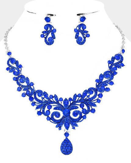 Blue Sapphire Rhinestone Embellished Teardrop Necklace & Earrings Set