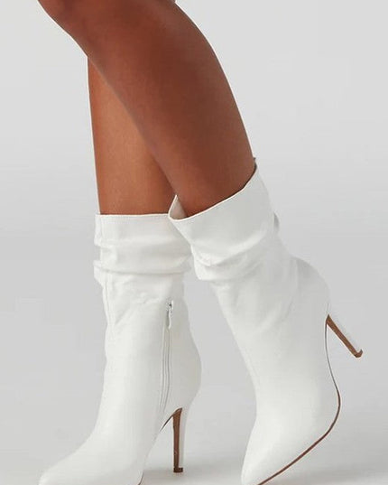 White Faux Leather Ruched High Heel Booties