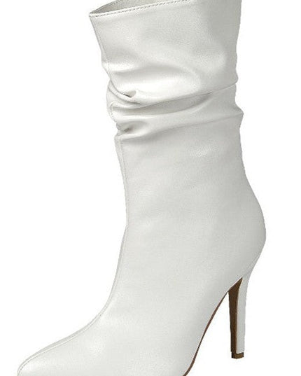 White Faux Leather Ruched High Heel Booties