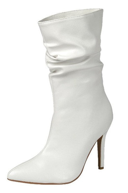 White Faux Leather Ruched High Heel Booties