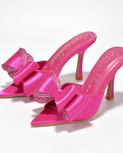 Pink Satin Embellished Bow-Tie Mule