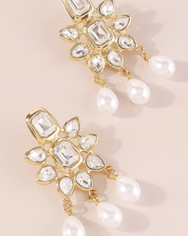 Gold Pearl Rhinestone Drop Earrings