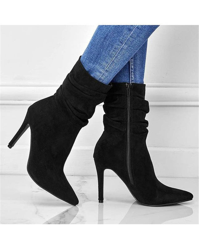 Black Side Zipper Suede Pointy Toe High Heel Booties