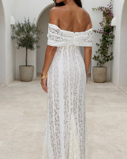 Cream White Lace Off Shoulder Maxi Dress