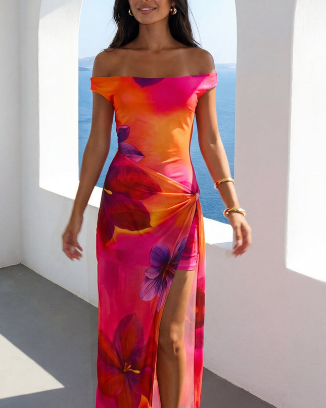 Pink Multi Mesh Off Shoulder Maxi Dress