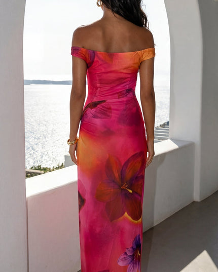 Pink Multi Mesh Off Shoulder Maxi Dress