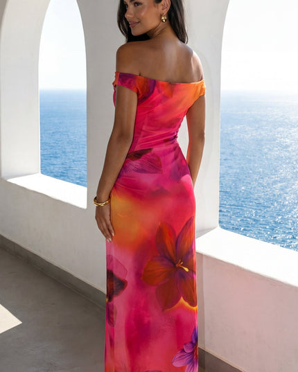 Pink Multi Mesh Off Shoulder Maxi Dress