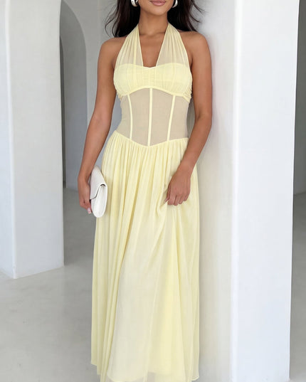 Butter Yellow Halter Mesh Maxi Dress