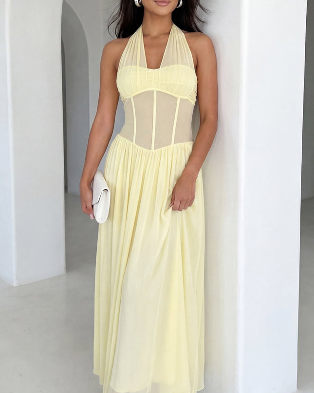 Butter Yellow Halter Mesh Maxi Dress