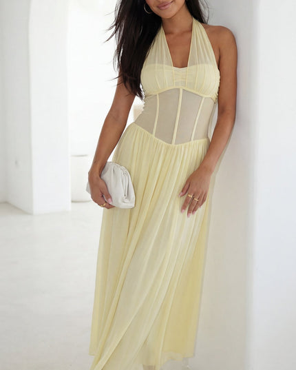 Butter Yellow Halter Mesh Maxi Dress
