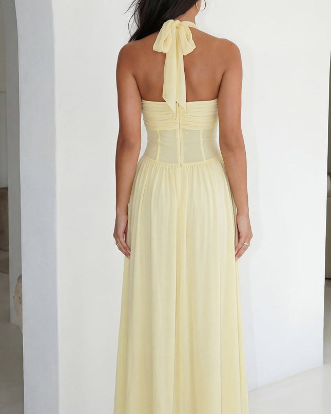 Butter Yellow Halter Mesh Maxi Dress