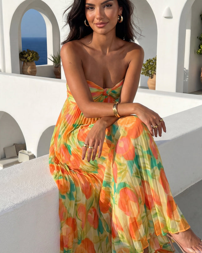 Orange Multi Floral Pleated Strapless Maxi Dress