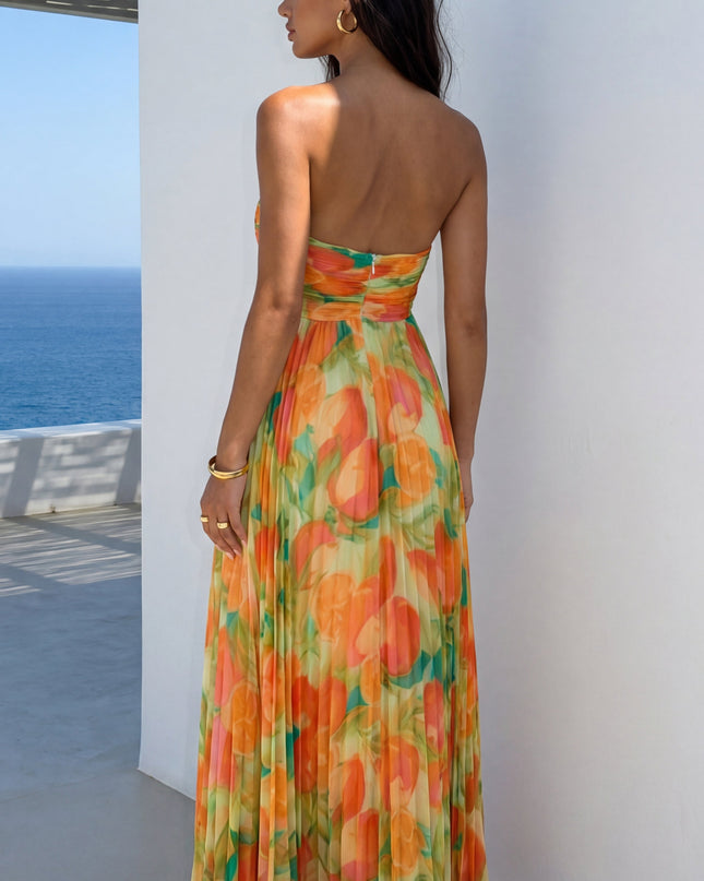 Orange Multi Floral Pleated Strapless Maxi Dress