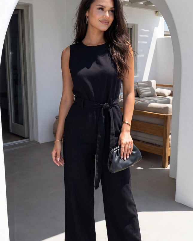 Black Linen Waist Tie Jumpsuit