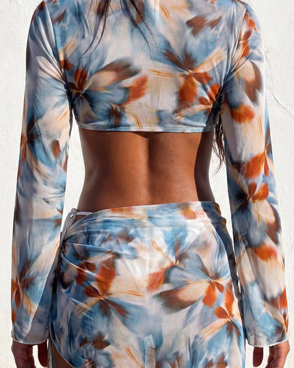 Blue Multi Floral Print Bikini Cover-Up Set