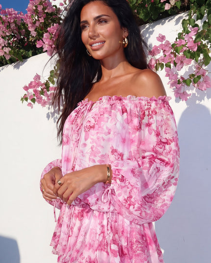 Pink Floral Off-Shoulder Mini Dress