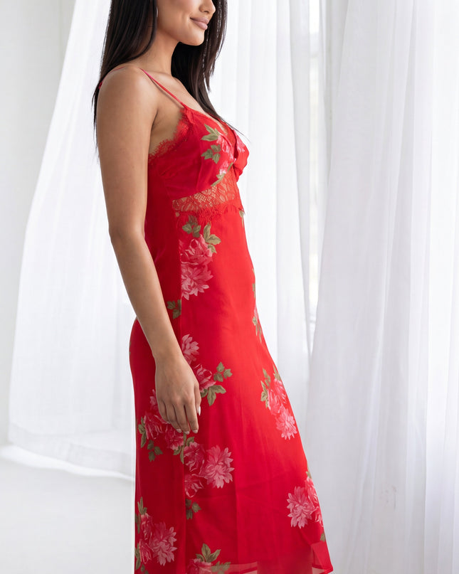 Red Scarlet Floral Print Midi Dress