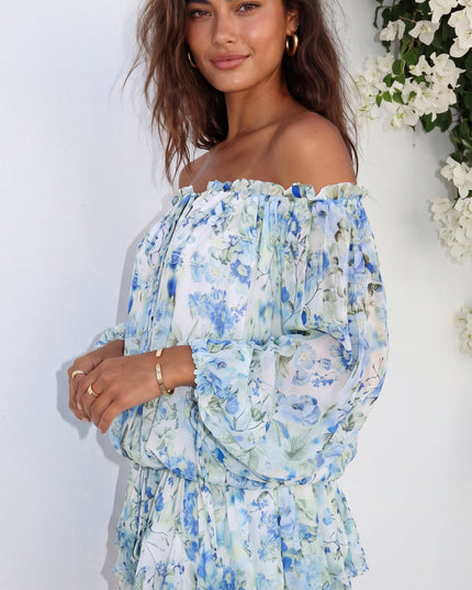 Blue Multi Floral Off-Shoulder Mini Dress