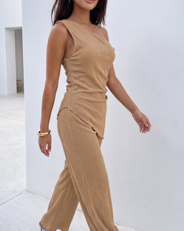 Beige Taupe One Shoulder Pant Set