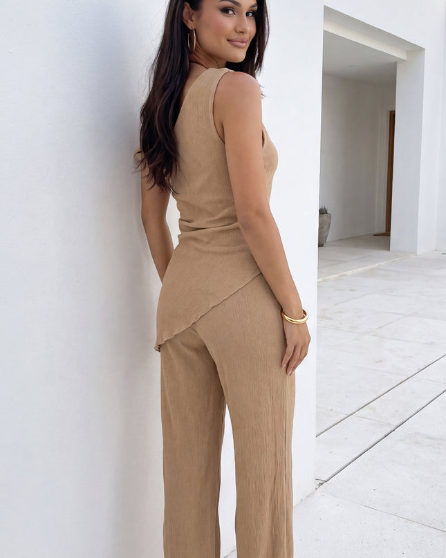 Beige Taupe One Shoulder Pant Set