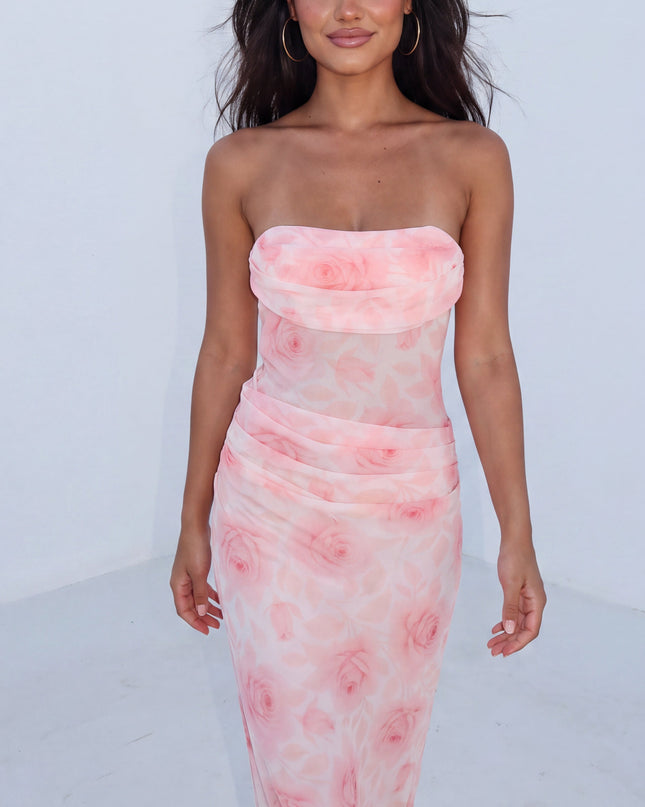 Pink Strapless Floral Maxi Dress