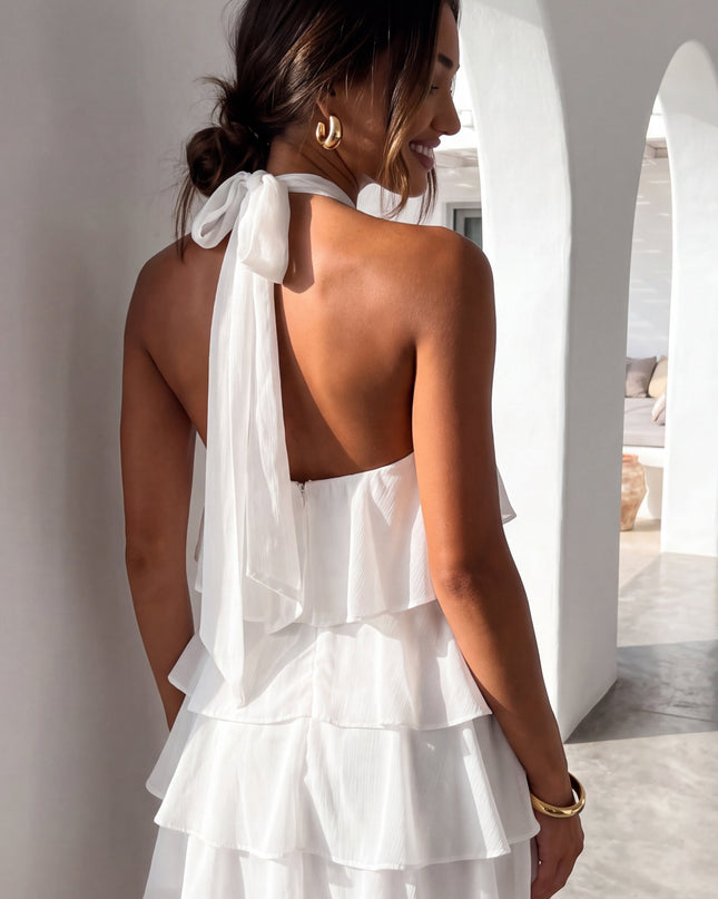 White Rosette Ruffle Halter Mini Dress